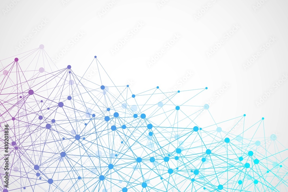Poster geometric abstract background with connected line and dots. structure molecule and communication. bi