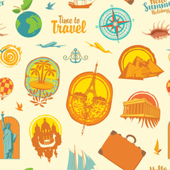 Seamless pattern on the theme of vacations and travel. Repeating vector background with stickers or icons from various countries on a light backdrop in retro style