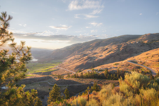 A sunset view of the Okanagan vineyards and orchards in Osoyoos, B.C. Canada, which is renowned wine country in the Okanagan Valley.