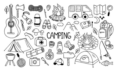Set of camping and hiking elements in doodle style. Picnic, travel accessories and equipment. Hand drawn vector illustration isolated on white background.
