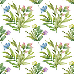 Watercolor seamless floral pattern with blooming flowers. Perfect for wallpaper, wrapping paper, textiles, fabric, packaging, background