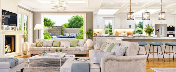 Luxurious interior design of a large living room and white kitchen with patio doors to the garden