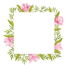 Fototapeta na wymiar Watercolor floral exotic square frame with green foliage and pink flowers on white background