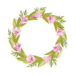 Fototapeta na wymiar Watercolor wreath with exotic leaves and pink flowers on white background