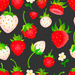Red and white strawberries on dark background seamless pattern