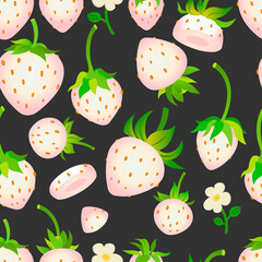 White strawberries on dark background seamless pattern