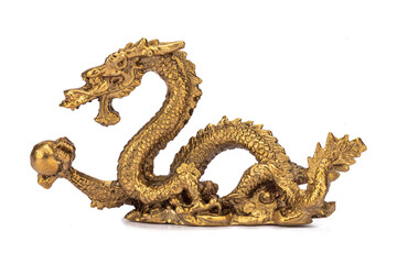 Bronze sculpture dragon holding pearl isolated on white background. Chinese symbol prosperity,...