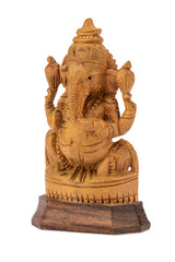 Sandalwood sculpture Ganesh isolated on white background. Carved wooden elephant god Ganesh