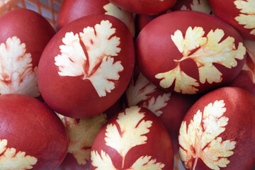 Orthodox Easter. Colored eggs. Top view. Closeup