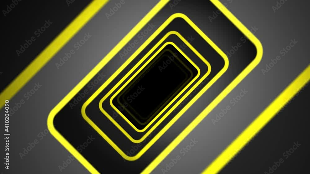 Poster abstract square tunnel with yellow frame of doorway and rotating camera. futuristic cyberspace pathw