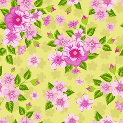Fototapeta premium Pink flowers on yellow background. Seamless bright print.