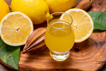 Ice cold sweet limoncello liqueur made from new harvest of fresh ripe yellow Italian lemons, Amalfi...