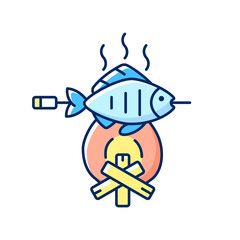 Cooking freshly caught fish RGB color icon. Fresh sea food idea. Hobby and leisure activity. Hobby and leasure activities. Making a fire. Outdoor cooking. Isolated vector illustration