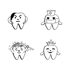 Dentistry. Set of cute teeth. Vector illustration of a flat cartoon character isolated on a white background. Doodles for dental clinic, print on a postcard, children's book, sticker, poster, brochure