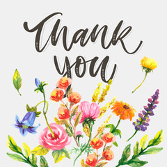 Cute Thank You Script Card Flowers Letter text