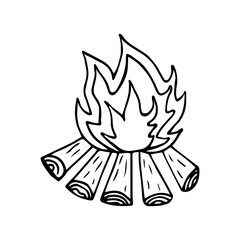 Bonfire in doodle style. Camp Fire icon Hand drawn vector illustration isolated on white background.