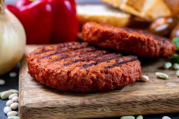 Tasty grilled burger made with vegetarian plant based imitation minced meat