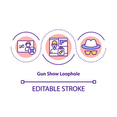 Gun show loophole concept icon. Illegal pistol and firearms shop idea thin line illustration. Not licensed dealers at arms shows. Vector isolated outline RGB color drawing. Editable stroke