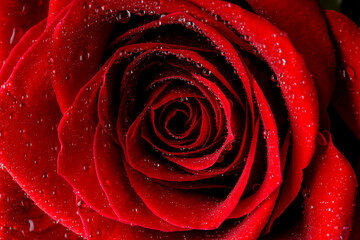 Water drops on the red rose petals. Valentine day concept