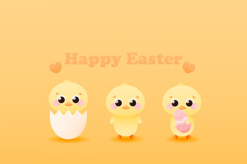 Happy easter banner with cute animal characters - chiks in shell and holding gaint painted egg, childish greeting card on yellow background in cartoon style