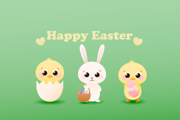Web banner for easter holidays with cute childish characters, little buny with basket with easter eggs, chiks in shell in cartoon style on green background..