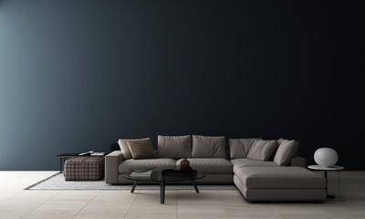 Modern cozy mock up interior design of living room and empty black wall pattern background, 3d rendering