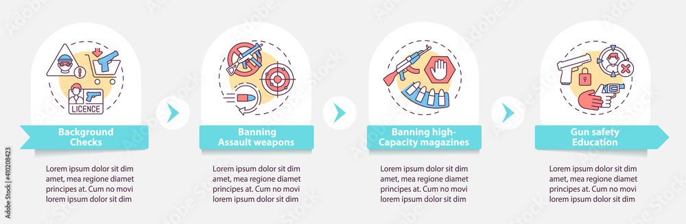 Poster gun control vector infographic template. safety education for firearms presentation design elements.