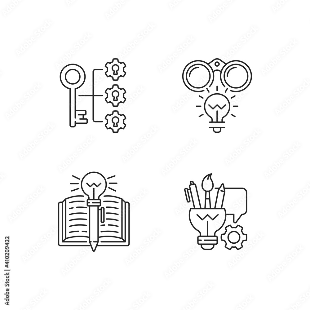 Poster creative thinking linear icons set. writing skills. creative idea. keys from brilliant ideas. custom
