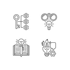 Creative thinking linear icons set. Writing skills. Creative idea. Keys from brilliant ideas. Customizable thin line contour symbols. Isolated vector outline illustrations. Editable stroke