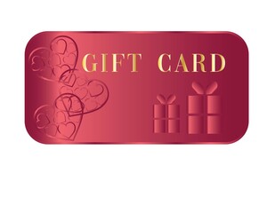 Gift card with hearts and gifts. Red velvet 3D effect. Valentine's Day luxury design. template