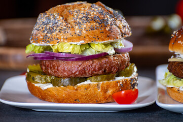 Lunch or dinner with tasty vegetarian hamburgers made from plant based grilled burgers, fresh bakes buns and organic vegetables