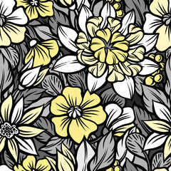 Abstract graphic seamless pattern of stylized flowers and plants.	
