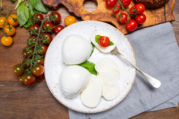 Cheese collection, eating. of white soft Italian cheese mozzarella, served with red cherry tomatoes, fresh basil leaves