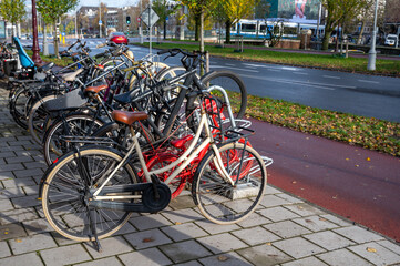 City life and transportation in Netherlands, bicycle parking in old part of Amsterdan
