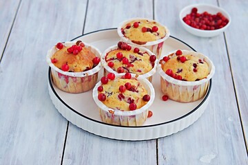 Lingonberry muffins in white paper forms on a white ceramic plate. Muffin recipes.