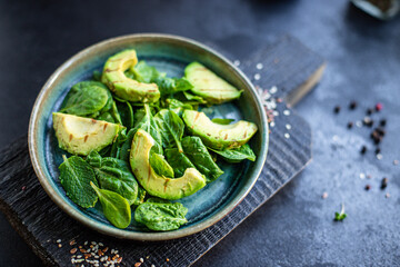 avocado salad vegetable fried grilled lettuce spinach arugula snack barbecue ready to eat on the table healthy meal top view copy space text food background rustic image 