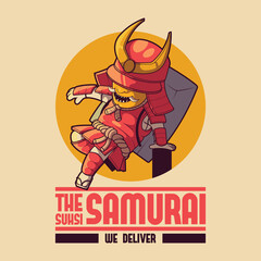 Samurai delivering Sushi logo vector illustration. Delivery, business, food, tradition design concept.