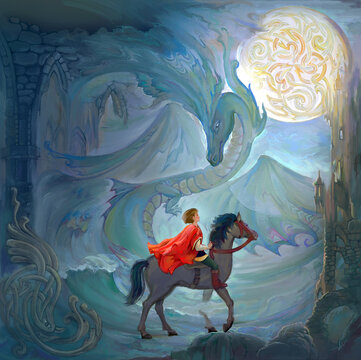 The Lord of the dragon. Oil painting on canvas. Medieval warrior riding on a horse in the fantasy Celtic environment. Illustration for an old legend.