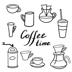 Coffee time poster concept. Coffee party card design. Hand drawn doodle illustrations, cups and sweets.
