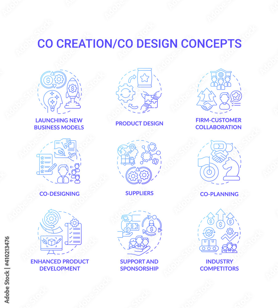 Poster co-creation concept icons set. co-design idea thin line rgb color illustrations. launching new busin