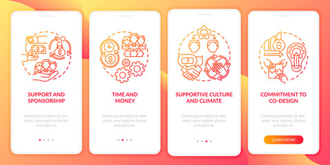 Naklejka premium Setting for co-design onboarding mobile app page screen with concepts. Sponsorship, time and money walkthrough 4 steps graphic instructions. UI vector template with RGB color illustrations