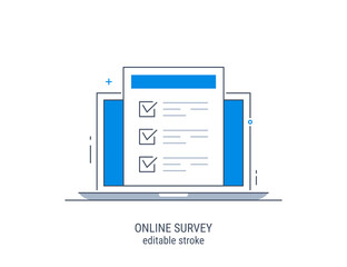 Online survey. Editable stroke. Vector illustration. Flat concept with quality test and satisfaction report. Feedback from customers or opinion form.