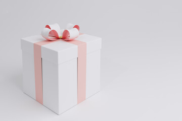 Realistic white gift box with pink ribbons and white and pink bow. Decorative gold element on the lid. Festive decorative object. 3D Illustration.