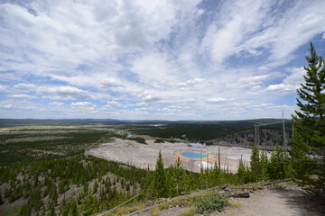 Aerial view of the grand prismatic spring at Yellowstone from a high vantage point