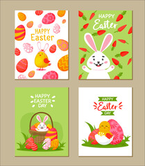 Set of cute Easter cards. Collection of postcards with Easter bunny, eggs and chickens Spring templates for your design. Vector illustration