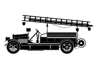 Vintage fire engine silhouette. Side view. Flat vector.