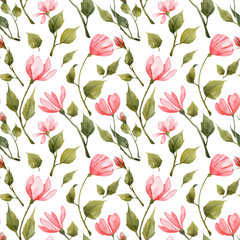 Seamless pattern with hand painted pink flowers. Botanical wallpapers