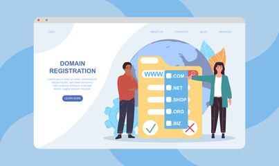 Male and female characters are registrating domain. Friends choose domain suitable for their website. Website, web page, landing page template. Flat cartoon vector illustration