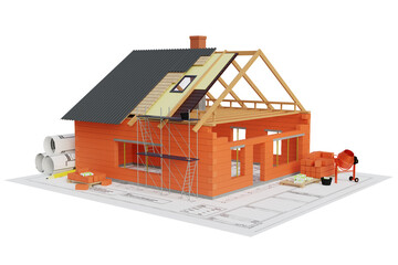 3D Rendering of house (home - residential) building (construction) with orange ceramic bricks, concrete mixer, foundations with layers of roof and walls. Image on white background on perspective view.