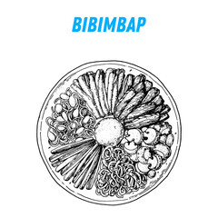 Bibimbap sketch, korean food. Hand drawn vector illustration. Sketch style. Top view. Vintage vector illustration.